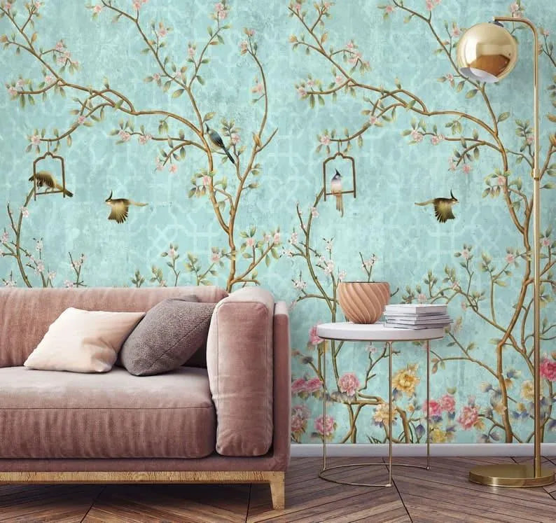 Pastel Green Birds and Tree Traditional Chinoiserie Wallpaper Mural