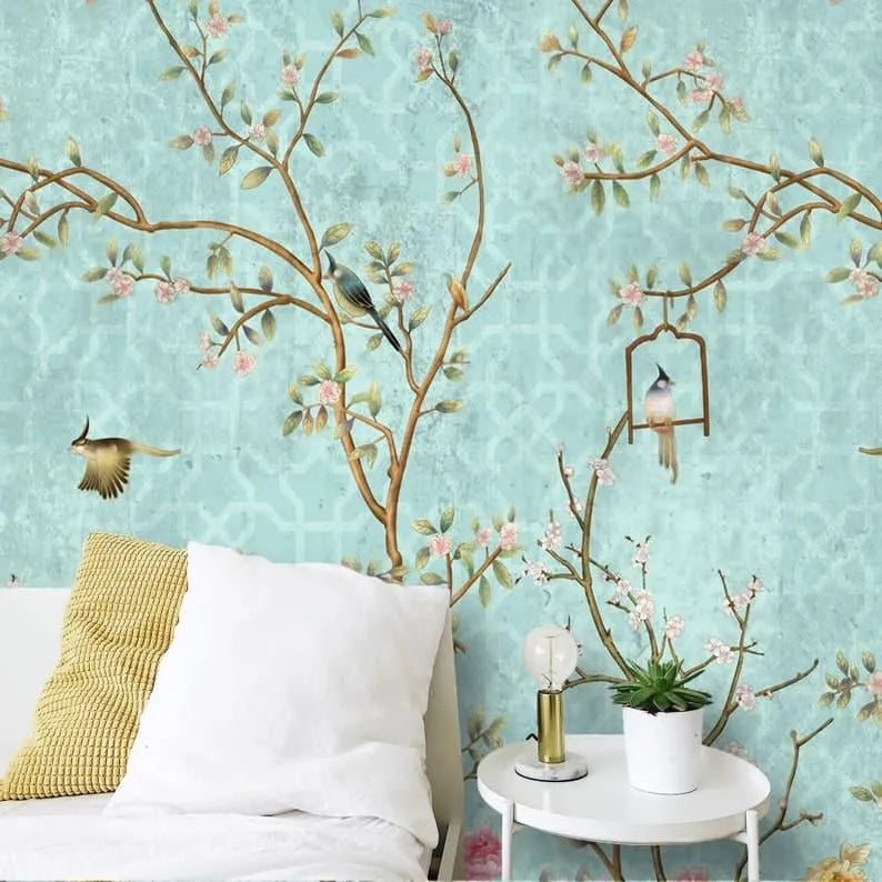 Pastel Green Birds and Tree Traditional Chinoiserie Wallpaper Mural