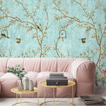 Pastel Green Birds and Tree Traditional Chinoiserie Wallpaper Mural