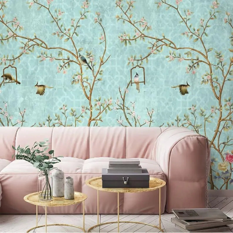 Pastel Green Birds and Tree Traditional Chinoiserie Wallpaper Mural