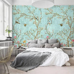 Pastel Green Birds and Tree Traditional Chinoiserie Wallpaper Mural