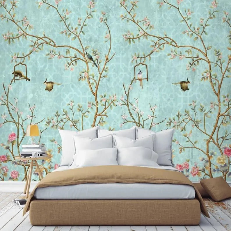 Pastel Green Birds and Tree Traditional Chinoiserie Wallpaper Mural