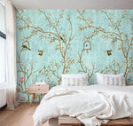 Pastel Green Birds and Tree Traditional Chinoiserie Wallpaper Mural