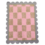 Top view of the Pastel Harmony Scalloped Leaf Hand Tufted Area Rug, showcasing a pink and beige checkered pattern with scalloped edges. Ideal for adding a contemporary touch to dining rooms or living rooms, this wool rug enhances formal dining aesthetics.
