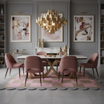 Pink and beige checkered scalloped-edge rug under a dining set with mauve velvet chairs
