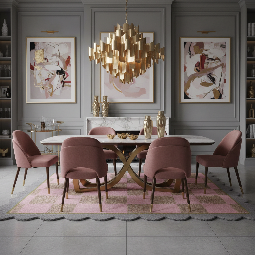 Pink and beige checkered scalloped-edge rug under a dining set with mauve velvet chairs