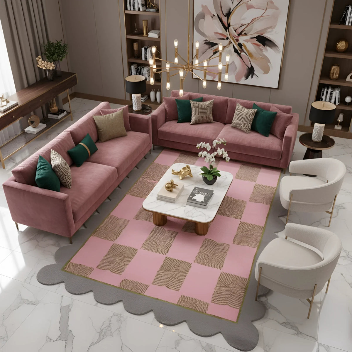 Pink checkered scalloped rug in a glam living room with mauve sofas and marble coffee table