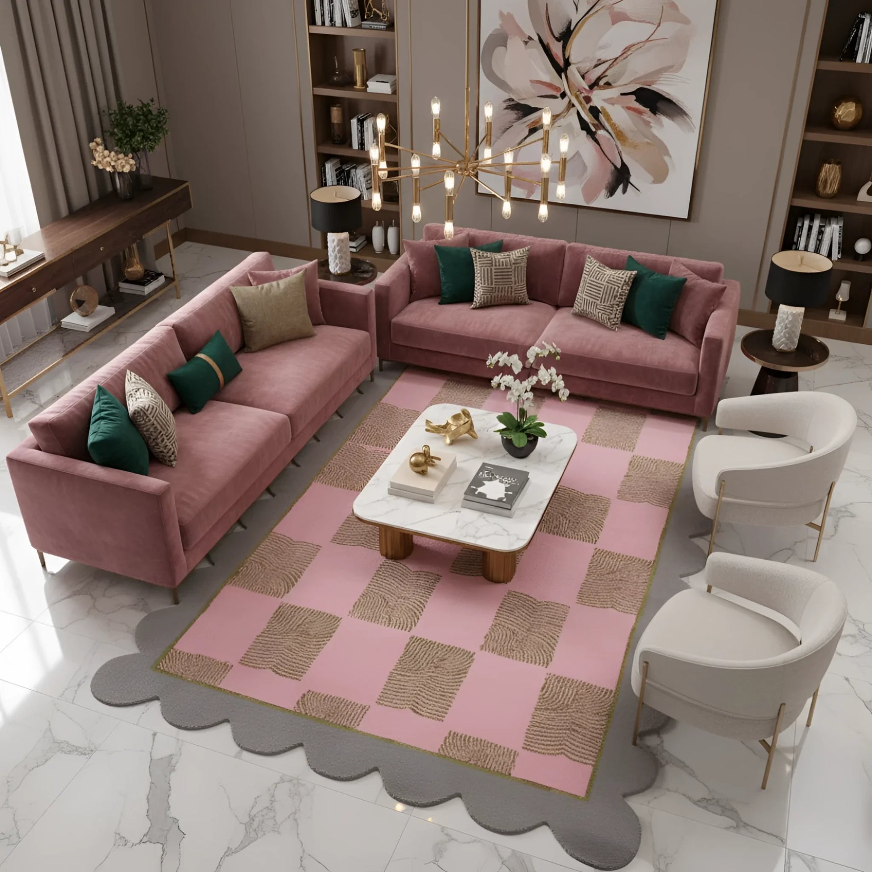 Pink checkered scalloped rug in a glam living room with mauve sofas and marble coffee table