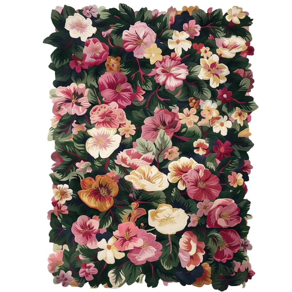 A vibrant area rug featuring a lush floral design with a variety of colorful blossoms, crafted from high-quality wool. Perfect for adding a touch of elegance to any living room, this large rug provides both comfort and style.