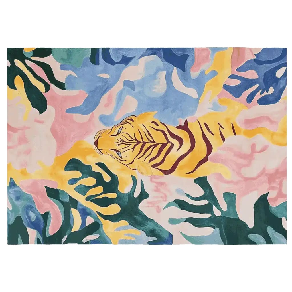 Area Rug featuring a vibrant abstract design with a tiger motif, blending pastel colors like blue, pink, and yellow. This contemporary wool rug is perfect for large living room spaces, adding a touch of modern elegance.