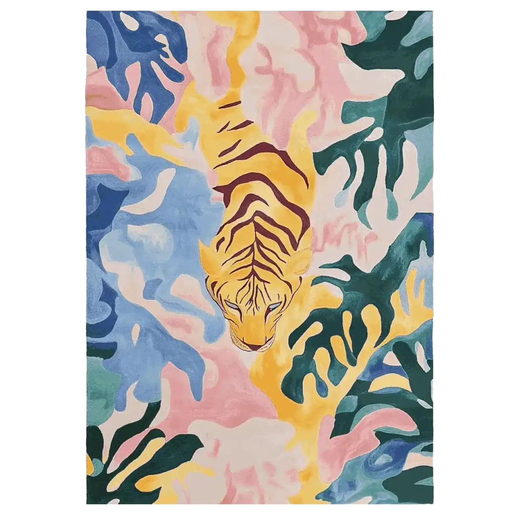 Vibrant area rug featuring an abstract tiger design in a pastel jungle theme. This contemporary wool rug is perfect for adding a bold statement to large living rooms, with its colorful blend of pink, blue, green, and yellow hues.