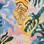 Vibrant and artistic top view of a Pastel Jungle Prowl Hand Tufted Rug featuring an abstract tiger design. This area rug, perfect for contemporary spaces, showcases a colorful palette of blues, pinks, and yellows, making it a standout wool rug for large living rooms.