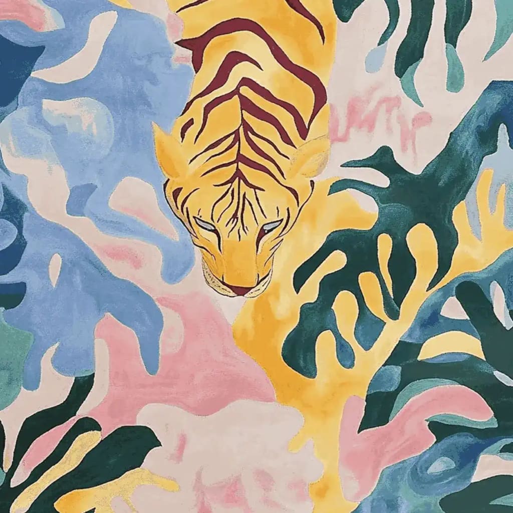 Vibrant and artistic top view of a Pastel Jungle Prowl Hand Tufted Rug featuring an abstract tiger design. This area rug, perfect for contemporary spaces, showcases a colorful palette of blues, pinks, and yellows, making it a standout wool rug for large living rooms.