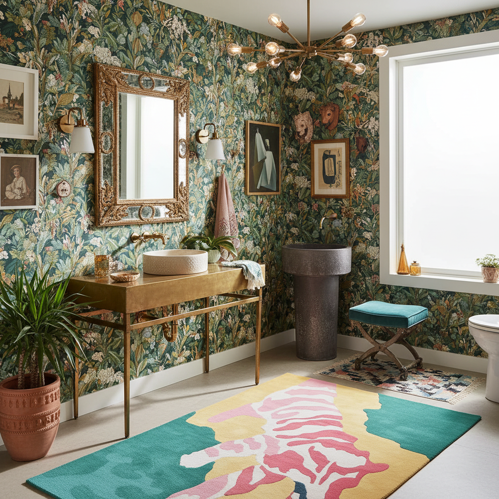 Bathroom with floral wallpaper, wooden vanity, and colorful rug.