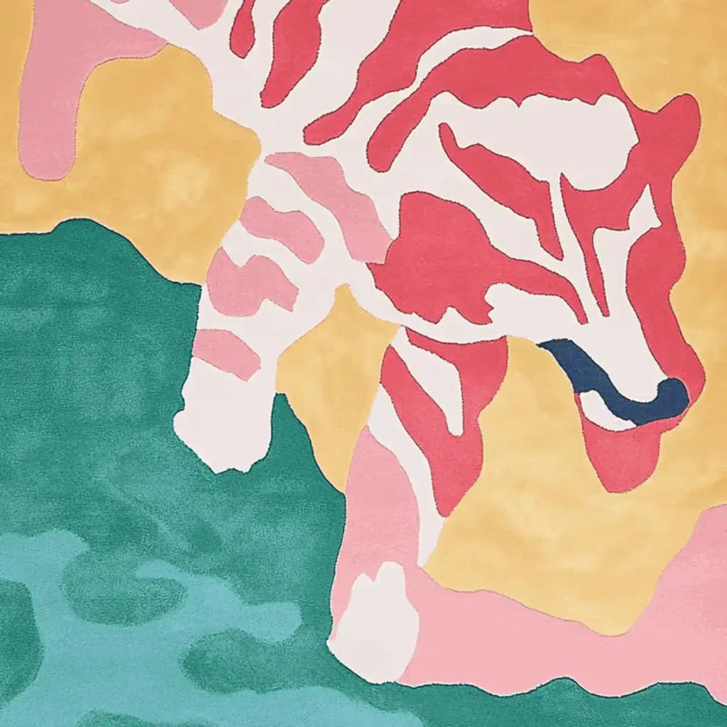 Vibrant and contemporary hand-tufted area rug featuring a pastel jungle prowler design. This wool rug, perfect for living room use, showcases abstract patterns in bold pink, yellow, and teal hues, ideal for a striking 8x10 living room centerpiece.