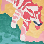 Vibrant and contemporary hand-tufted area rug featuring a pastel jungle prowler design. This wool rug, perfect for living room use, showcases abstract patterns in bold pink, yellow, and teal hues, ideal for a striking 8x10 living room centerpiece.