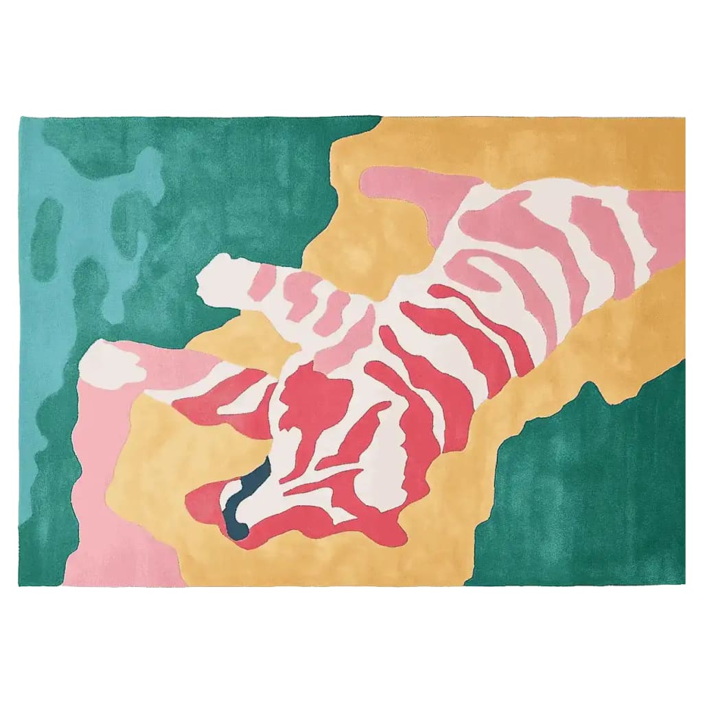 A vibrant area rug featuring an abstract tiger design in pastel colors, perfect for contemporary living rooms. This wool rug, sized 8x10, combines pink, green, and yellow tones, creating a striking visual appeal for those seeking modern rugs for living room spaces.