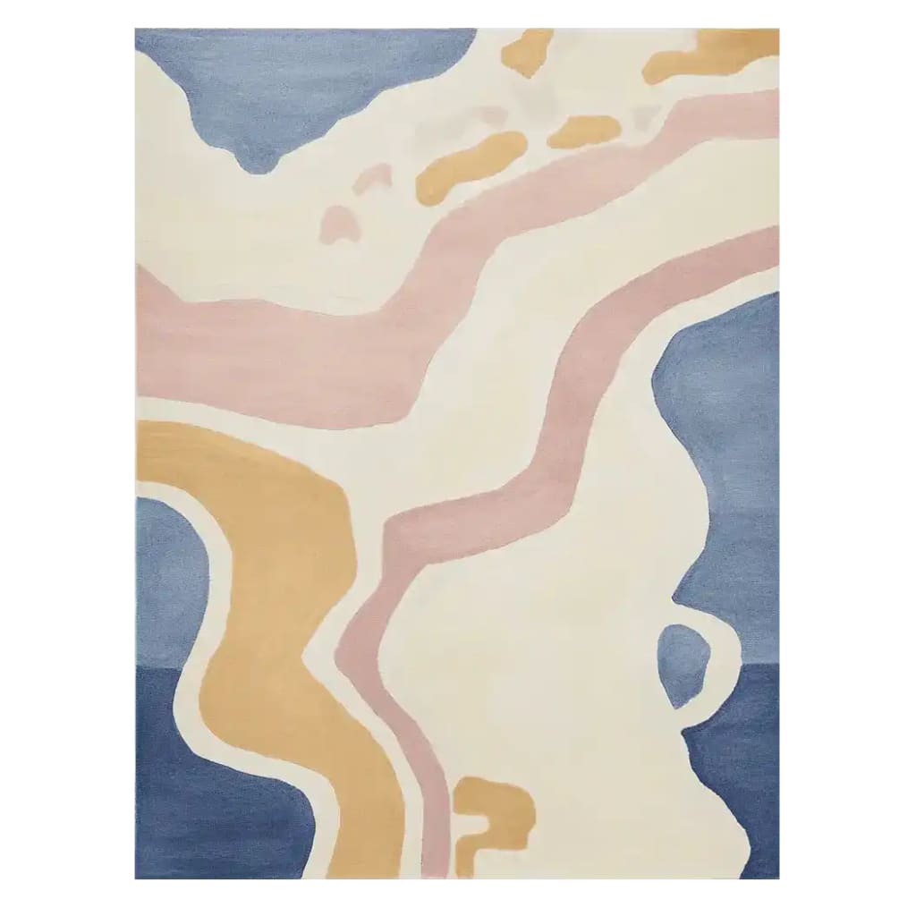 A contemporary wool area rug with a pastel abstract design, featuring soft hues of blue, pink, and beige. Ideal for modern living rooms, this hand-tufted rug adds a touch of elegance and comfort to any space.