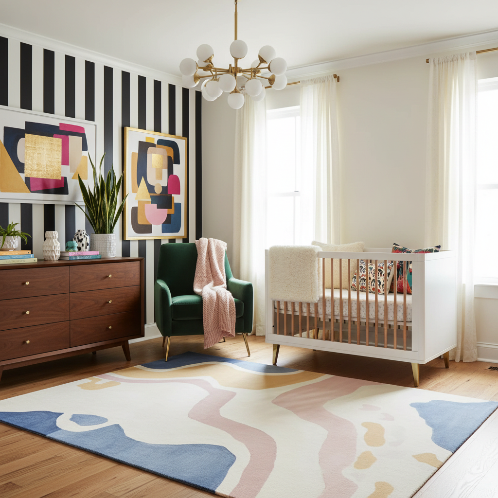 Modern nursery with a crib, colorful rug, and abstract art on the wall.