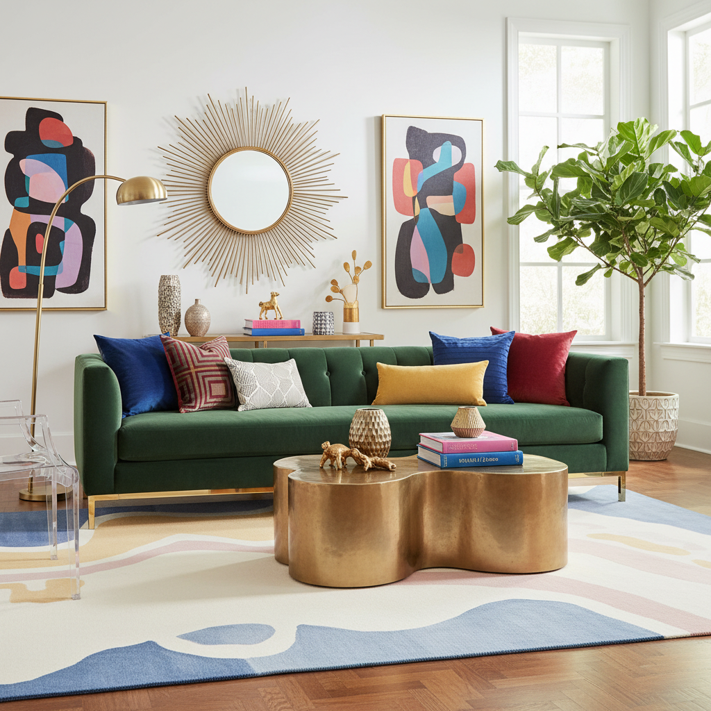 Modern living room with a green sofa, colorful pillows, and a gold coffee table.