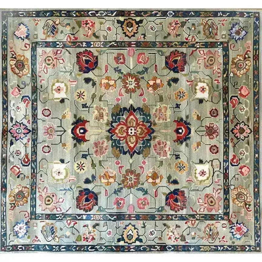 This elegant Pastel Medallion Blossom Hand Knotted Area Rug features a stunning vintage design with intricate floral patterns. Its Persian-inspired motifs and large size make it a perfect addition to any living room, adding a touch of classic charm and sophistication.