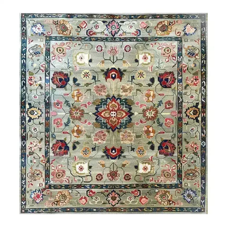 A beautifully crafted Pastel Medallion Blossom Hand Knotted Area Rug featuring a vintage floral design, perfect for large living rooms. The intricate patterns and rich colors evoke the elegance of Persian rugs, adding a touch of classic charm to any space.
