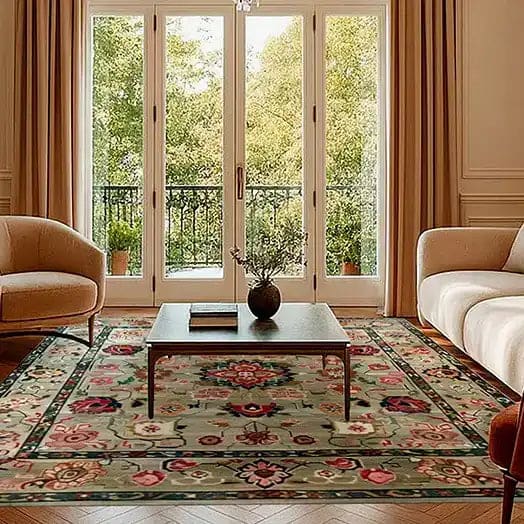 A beautifully styled living room showcasing a Pastel Medallion Blossom Hand Knotted Area Rug. This vintage floral rug features intricate Persian designs, adding elegance to the large living space. The rug's soft color palette complements the neutral-toned furniture and brightens the room through the large windows.