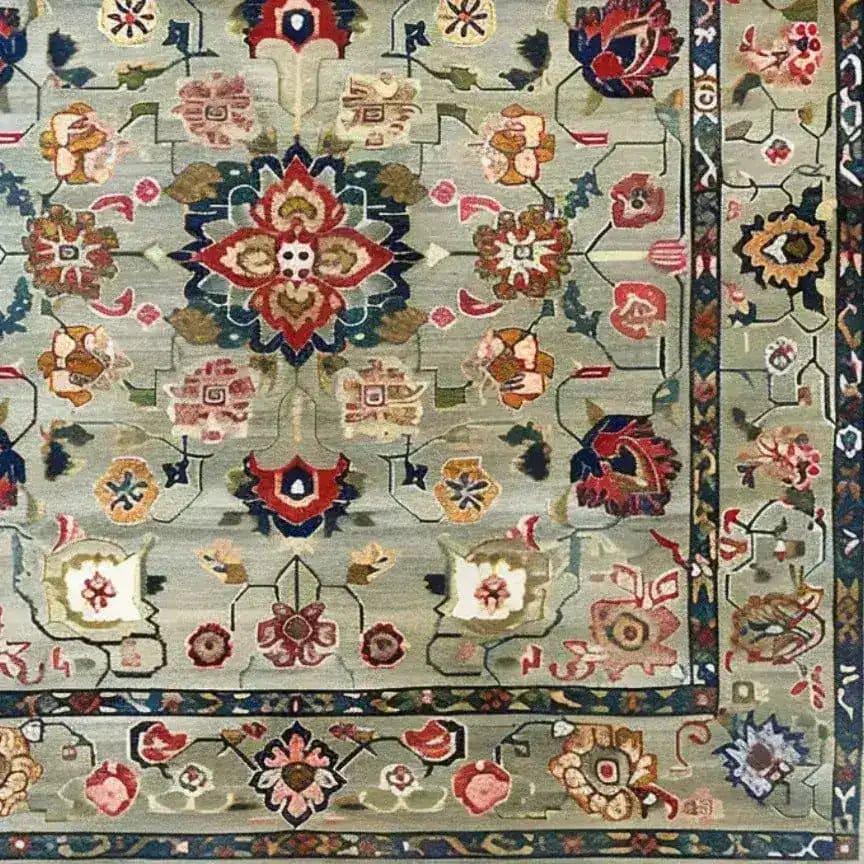 A vibrant pastel medallion blossom area rug, featuring intricate floral patterns reminiscent of vintage Persian rugs. This hand-knotted design showcases a harmonious blend of colors, perfect for adding a touch of elegance to large living rooms.