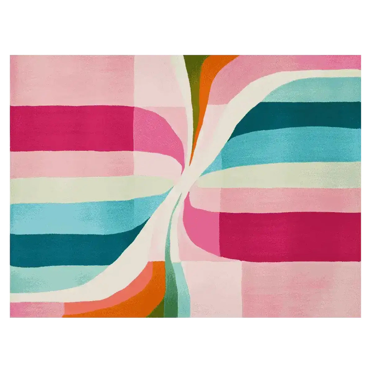 Vibrant and colorful area rug with a modern abstract design, featuring bold stripes in pink, blue, orange, and green. This contemporary wool rug is perfect for adding a splash of color to large living rooms, offering both style and comfort.