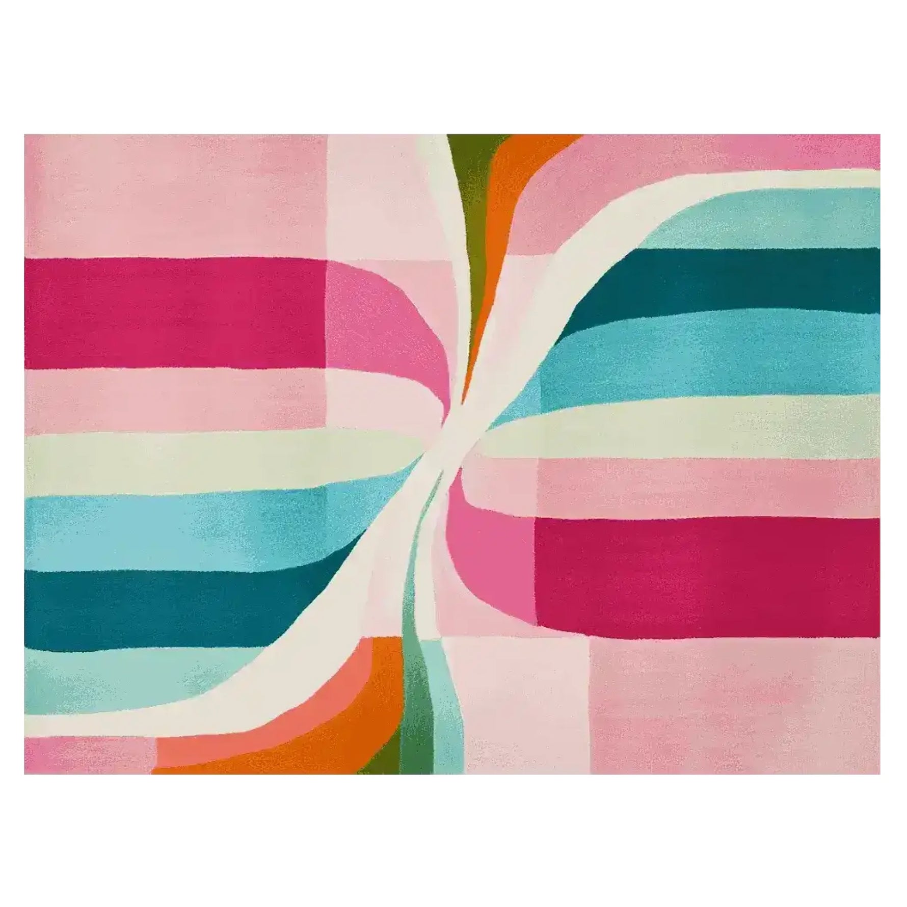 Vibrant and colorful area rug with a modern abstract design, featuring bold stripes in pink, blue, orange, and green. This contemporary wool rug is perfect for adding a splash of color to large living rooms, offering both style and comfort.