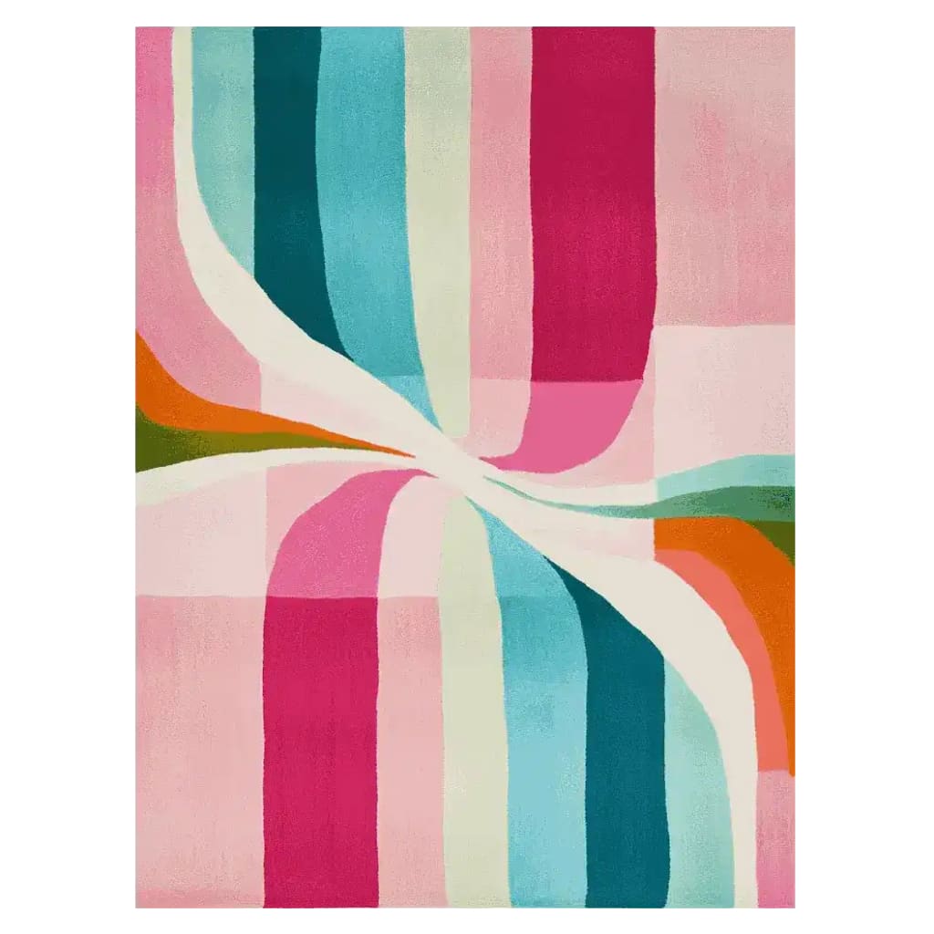 Vibrant Area Rug with a contemporary design, featuring bold stripes in pink, blue, and orange hues. This wool rug is perfect for adding a pop of color to any living room. Ideal as a large living room rug, its hand-tufted texture offers a luxurious feel.