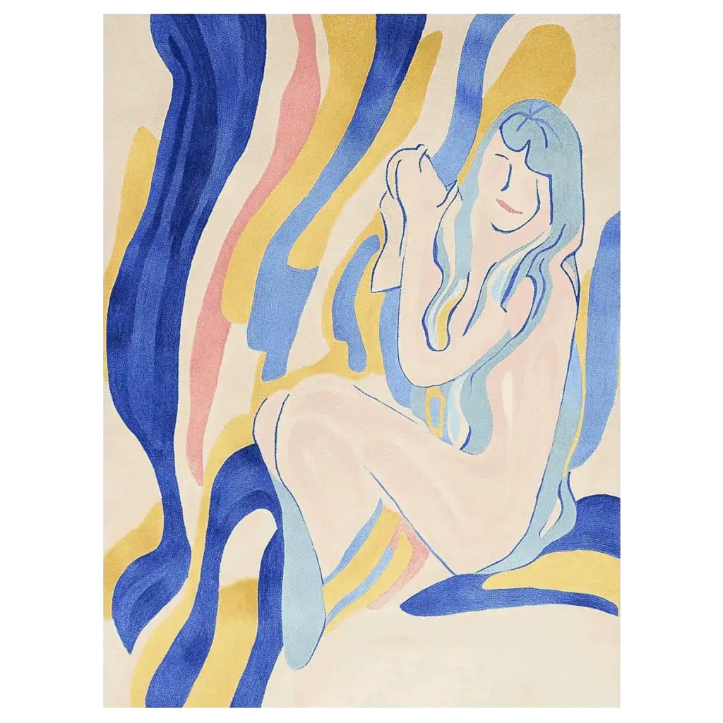 The Pastel Muse Hand Tufted Rug is an exquisite area rug featuring an abstract design with flowing lines in blue, yellow, and pink hues. This contemporary rug is crafted from high-quality wool, making it a perfect wool rug for large living room spaces. The vibrant colors and artistic design make this one of the standout area rugs for living room decor.