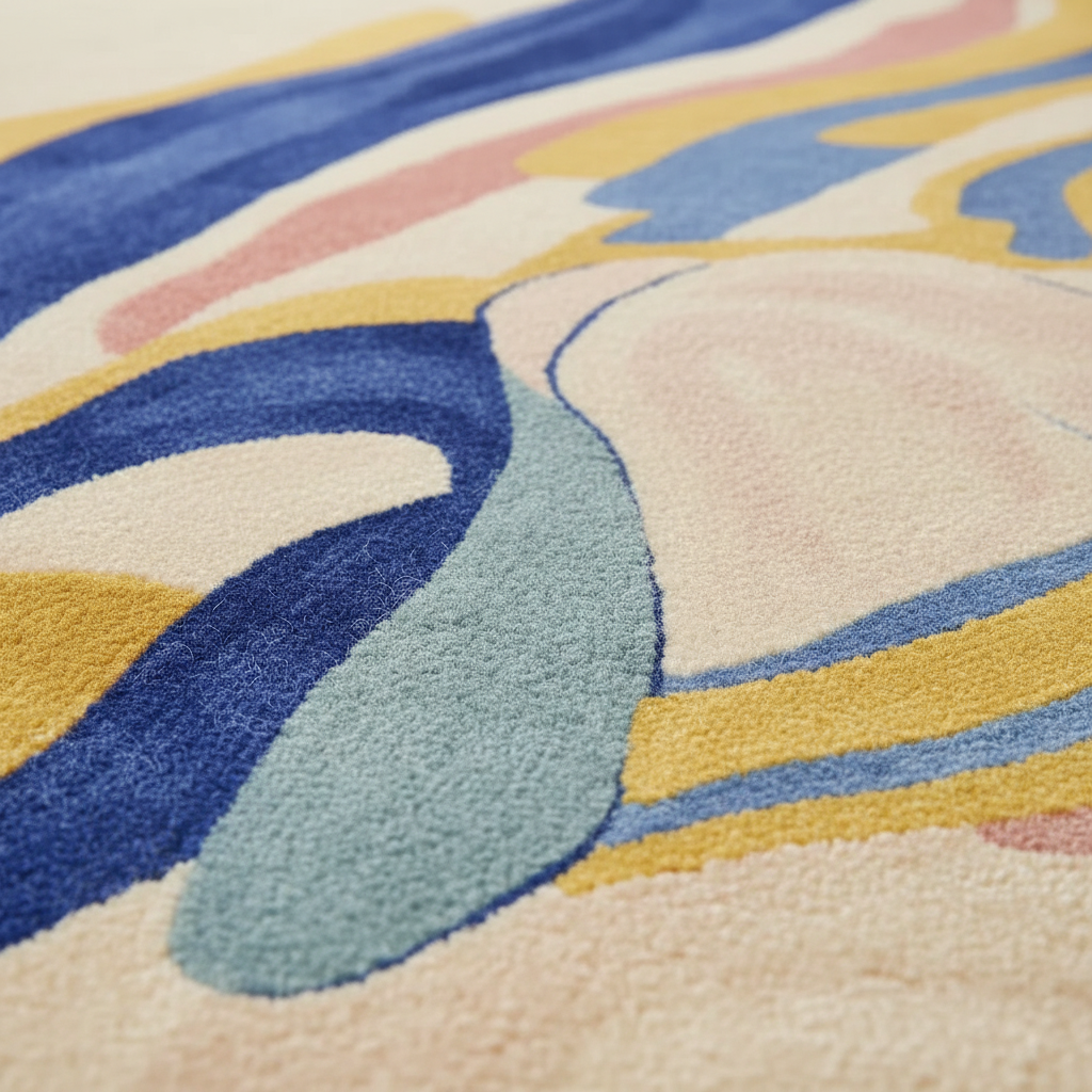 Close-up of a colorful abstract patterned rug with blue, yellow, and pink colors.
