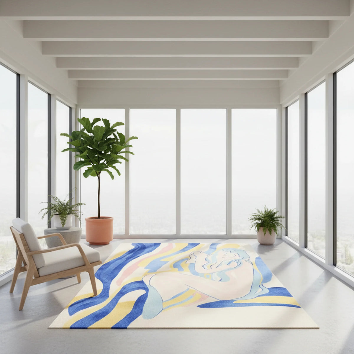 Modern room with a colorful abstract rug, chair, and potted plants.