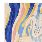 Close-up view of the Pastel Muse Hand Tufted Rug showcasing its abstract design with flowing blue, pink, and yellow lines. This contemporary wool area rug is perfect for large living rooms, adding a touch of artistic flair and comfort.