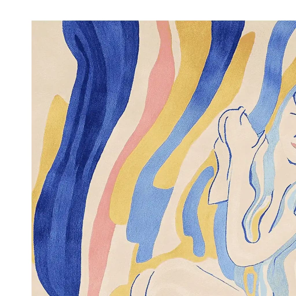 Close-up view of the Pastel Muse Hand Tufted Rug showcasing its abstract design with flowing blue, pink, and yellow lines. This contemporary wool area rug is perfect for large living rooms, adding a touch of artistic flair and comfort.
