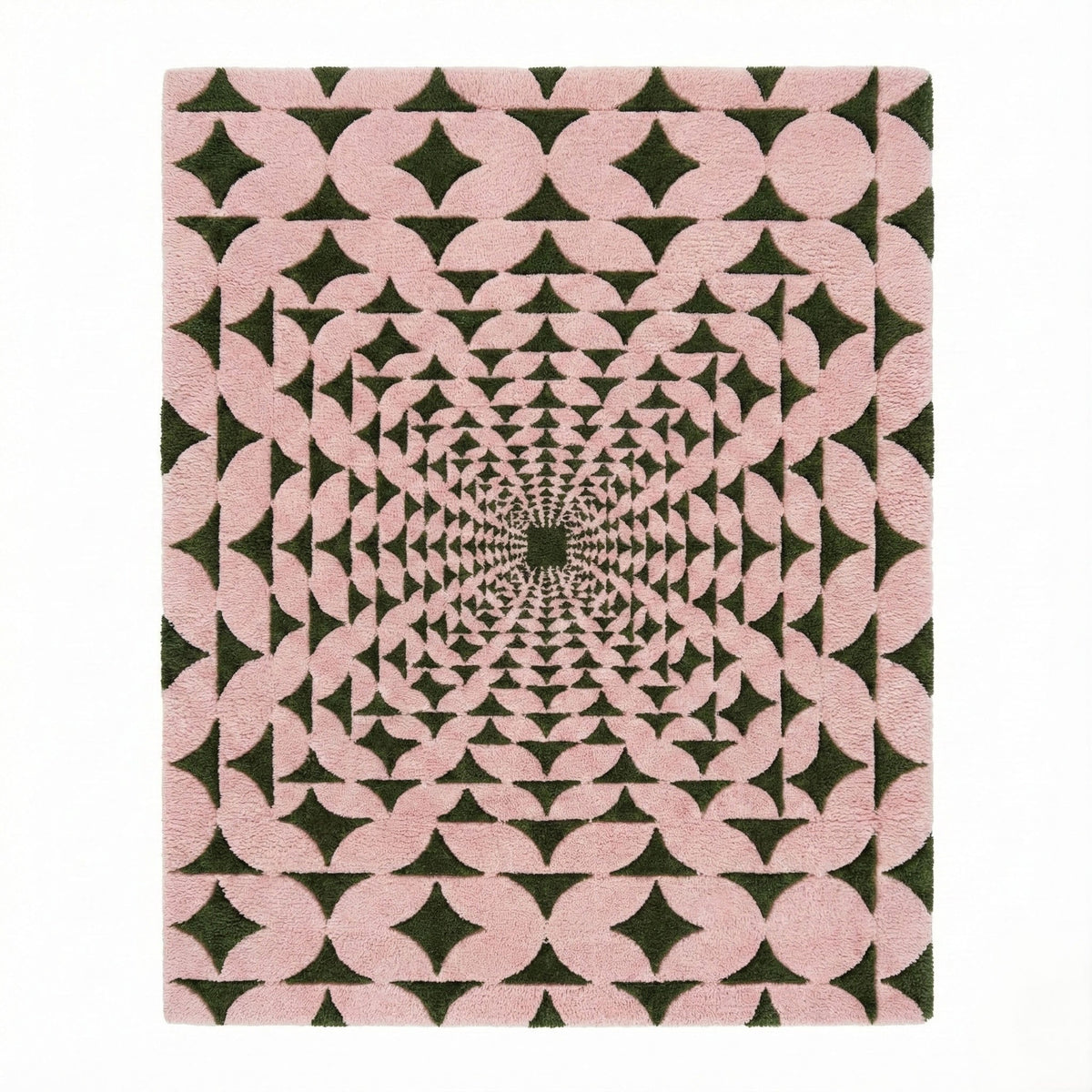 A stunning Pastel Olive Green Illusion Hand Tufted Wool Rug featuring an eye-catching geometric pattern. Perfect for enhancing the style of any living room or bedroom, this area rug measures 8x10 and offers a chic and cozy look, ideal for modern living room decor.