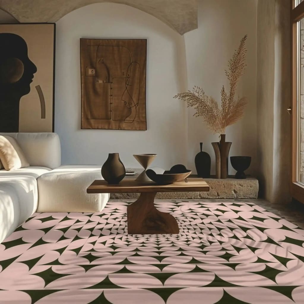 A beautifully designed pastel olive green illusion hand-tufted wool rug graces the living room floor. The area rug features a stunning geometric pattern that complements the modern decor of the room. Perfect for living room rugs 8x10, this wool rug adds elegance and warmth to any bedroom or living space. The rug is surrounded by contemporary furniture, including a white sofa and a wooden table, creating a cozy and inviting atmosphere.