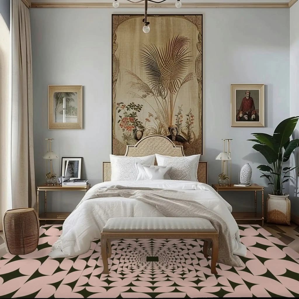 A beautifully styled bedroom featuring a pastel olive green illusion hand tufted wool rug. The area rug covers the floor, enhancing the room's elegance with its intricate design, perfect for living room rugs 8x10. The room is tastefully decorated with a blend of modern and classic elements, showcasing the wool rug as a centerpiece, ideal for area rugs for living room settings.