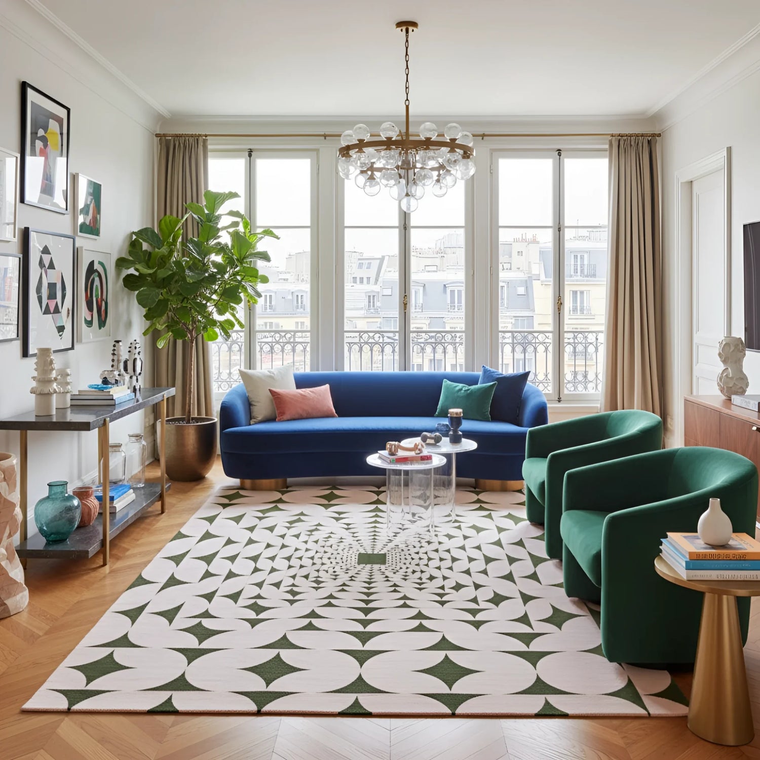 Modern living room with blue sofa, green chairs, and a pink and green patterned rug.