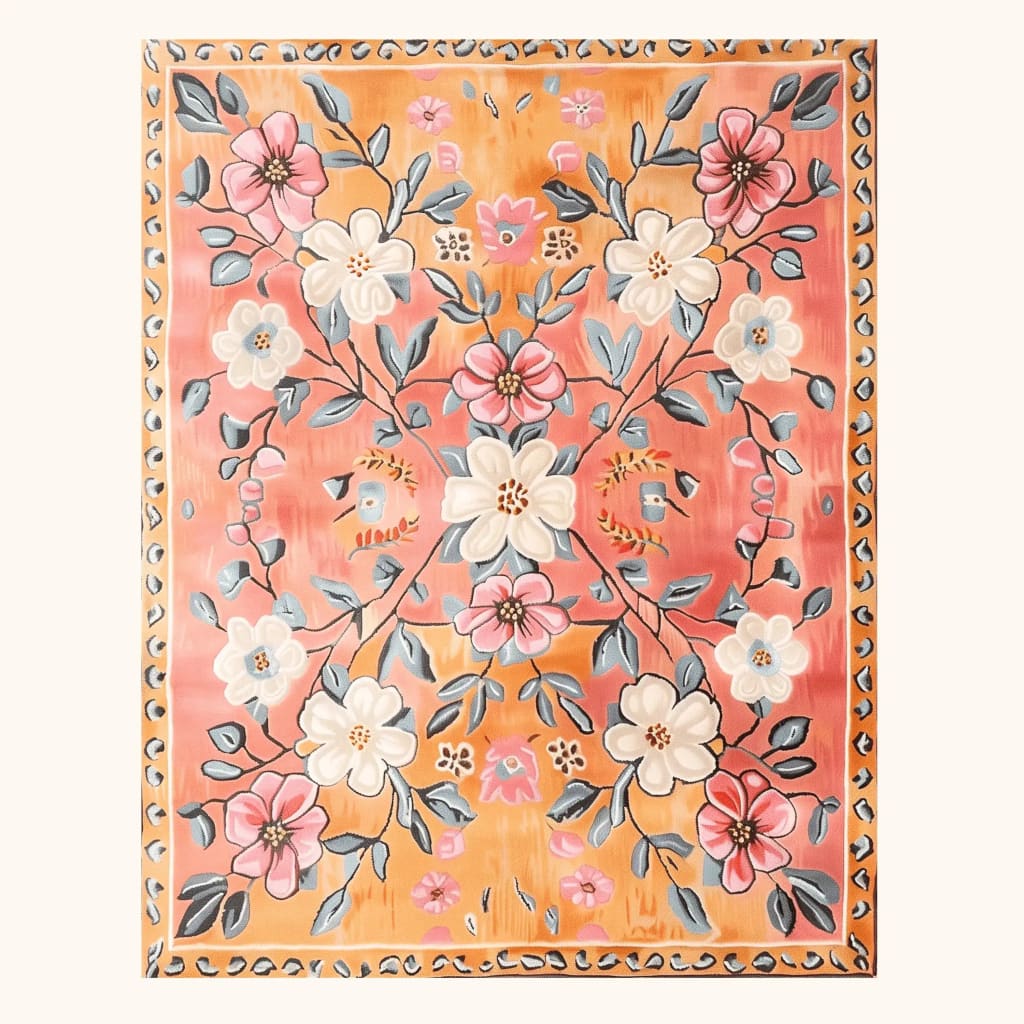 Pastel Paradise Hand Tufted Rug showcasing a vibrant floral design with pink, white, and blue flowers against a warm, vintage background. This wool area rug is perfect for adding a touch of elegance to any living room, blending seamlessly with various decor styles.