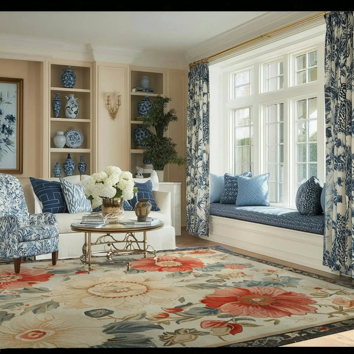 Elegant living room featuring a large pastel promenade hand-tufted area rug with a vibrant floral design. The vintage wool rug adds warmth and charm, perfect for enhancing the living space. Surrounded by classic decor and plush seating, this floral rug is ideal for those seeking stylish area rugs for living room settings.