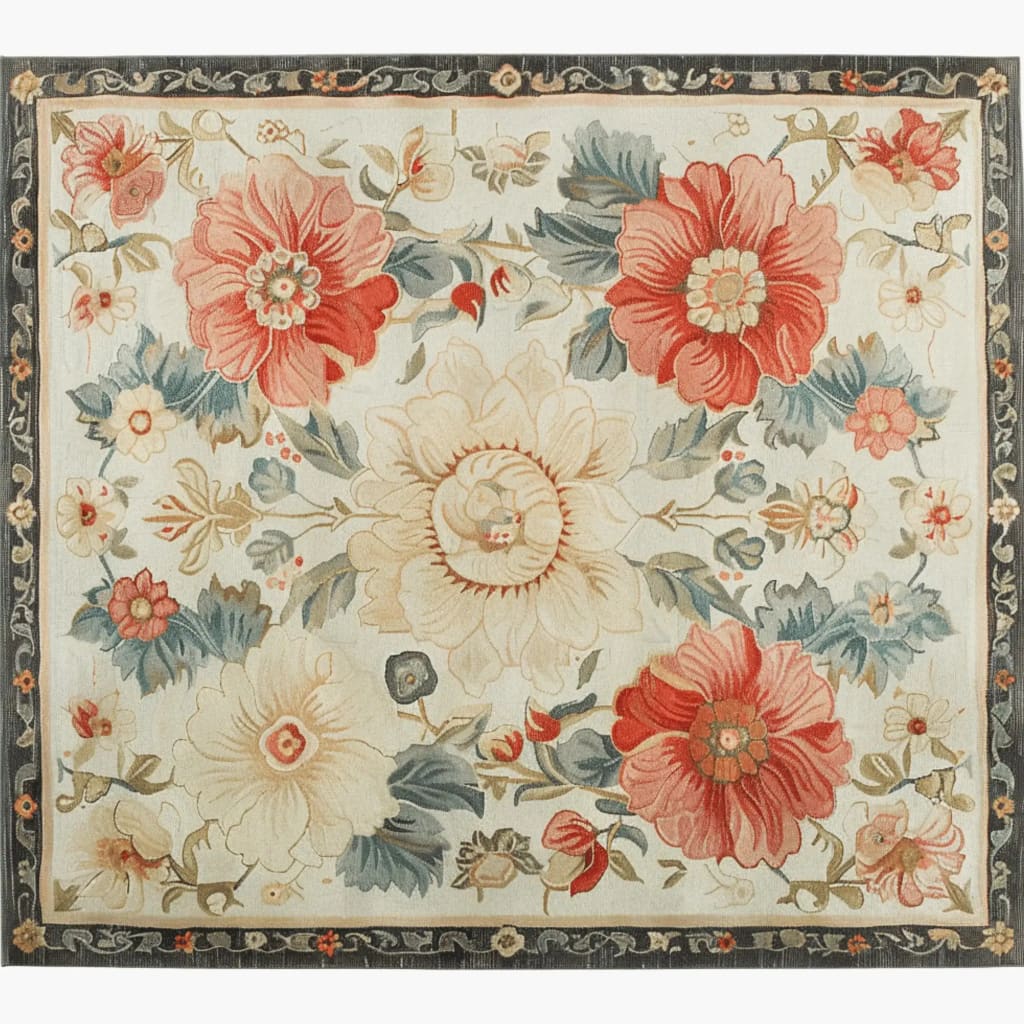 A beautiful area rug with a vintage floral design, featuring vibrant red and cream flowers with green leaves on a light background. This hand-tufted wool rug is perfect for adding elegance to your living room. Ideal as a large area rug, it marries both traditional and artistic elements, making it a standout piece in home decor.