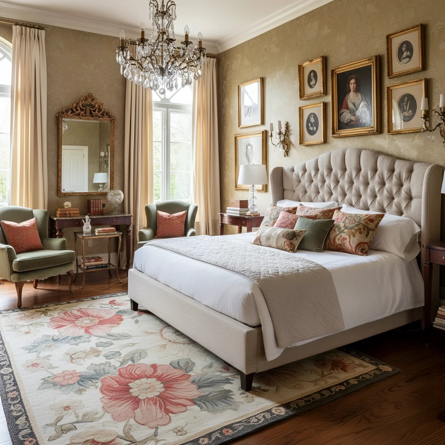 Luxurious bedroom with a large bed, decorative pillows, a traditional wool rug, and framed artwork on the wall.