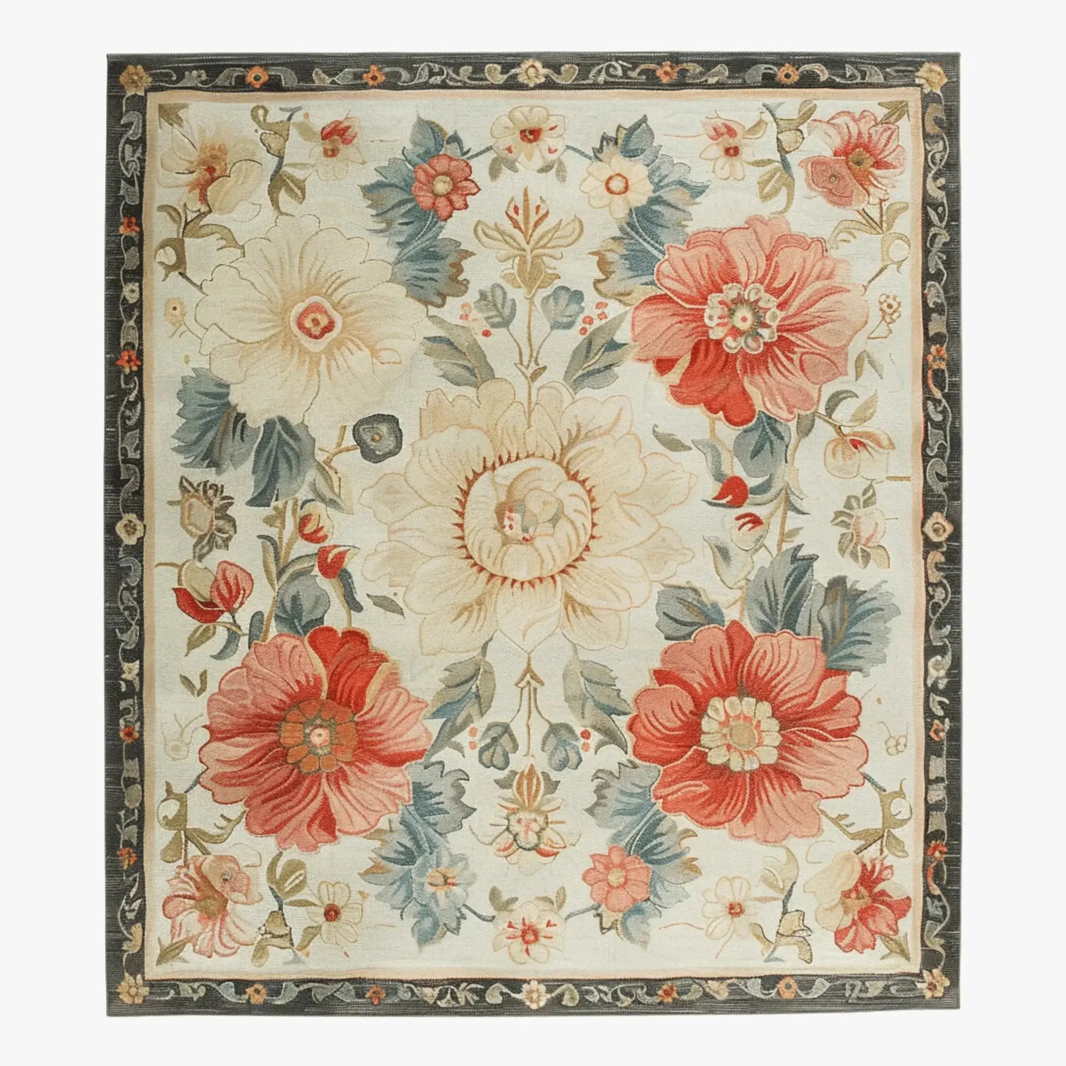 A beautifully crafted Pastel Promenade Hand Tufted Rug featuring a vibrant floral design. This wool area rug showcases large blooming flowers in shades of red, pink, and cream, set against a soft background, perfect for adding a vintage touch to living room decor. Ideal as a large area rug for creating a cozy and stylish ambiance.
