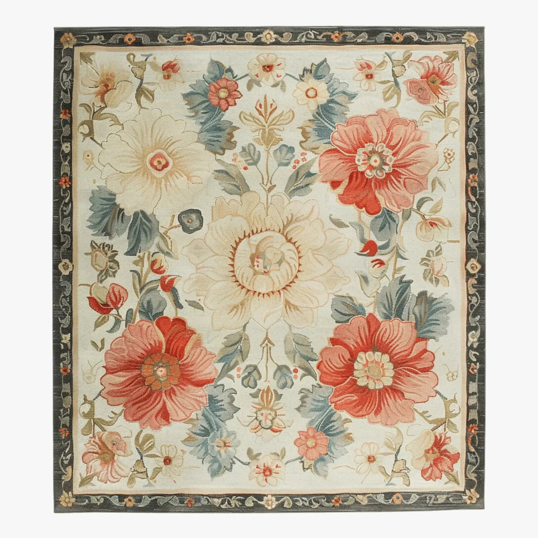 A beautifully crafted Pastel Promenade Hand Tufted Rug featuring a vibrant floral design. This wool area rug showcases large blooming flowers in shades of red, pink, and cream, set against a soft background, perfect for adding a vintage touch to living room decor. Ideal as a large area rug for creating a cozy and stylish ambiance.