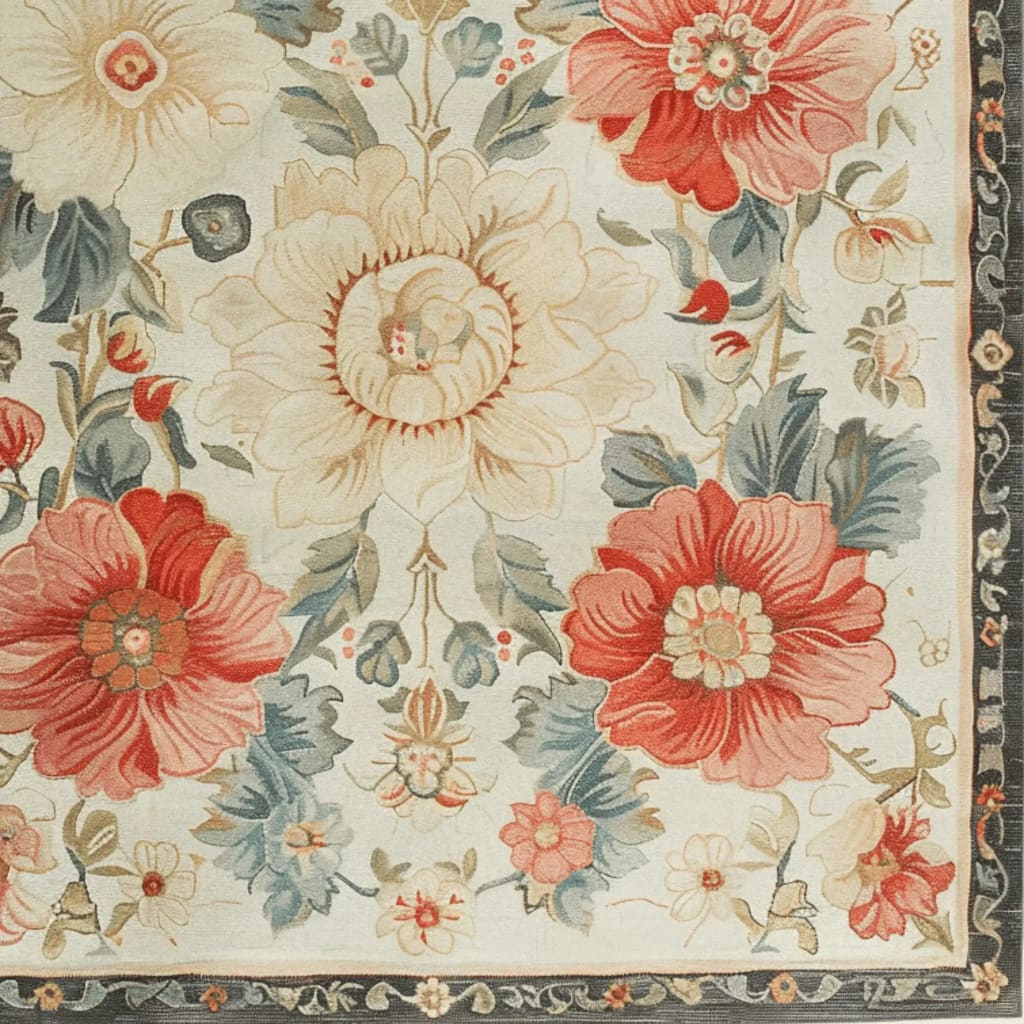 Vibrant floral rug featuring large red and cream blossoms with green and blue leaves, perfect for a vintage touch in your living room. This hand-tufted wool area rug adds warmth and elegance, making it an ideal choice for a cozy living space.