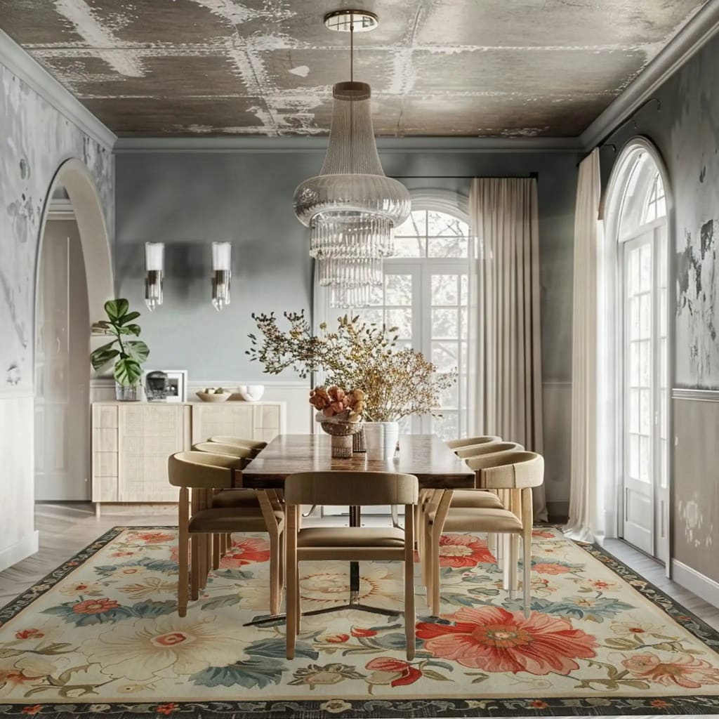 A beautifully styled living room featuring a large area rug with vibrant floral patterns in red and blue hues. The wool vintage rug adds elegance to the space, complementing the wooden dining table and chairs. Perfect for adding charm to any living room setting.