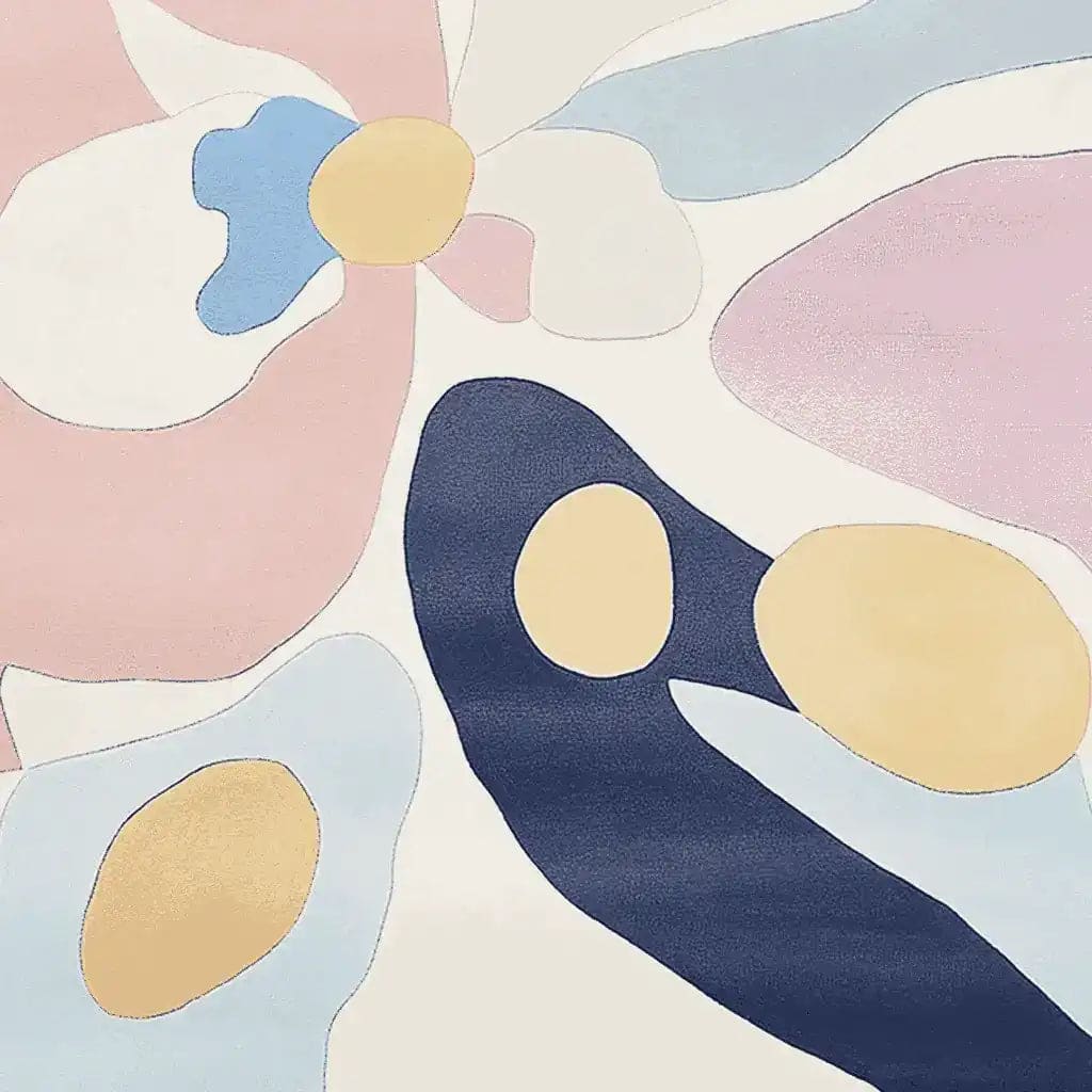 A vibrant hand-tufted area rug featuring an abstract design in pastel colors, perfect for contemporary living rooms. This wool rug showcases a harmonious blend of pink, blue, and yellow hues, adding a modern touch to any space. Ideal for those seeking unique living room area rugs.