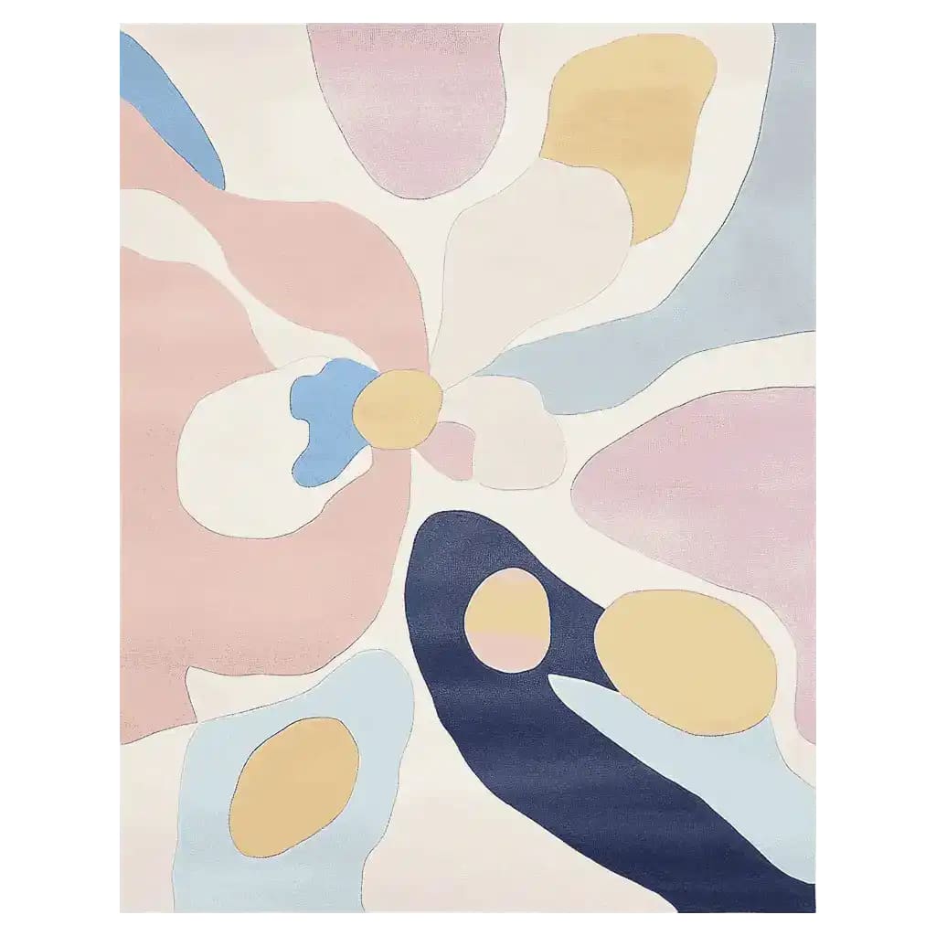 A vibrant Pastel Shadow Melt Hand Tufted Area Rug showcasing a contemporary design with abstract shapes in soft pastel colors like pink, blue, and yellow. This wool rug is perfect for adding a touch of modern elegance to living room spaces, making it an ideal choice for those seeking stylish area rugs for the living room.
